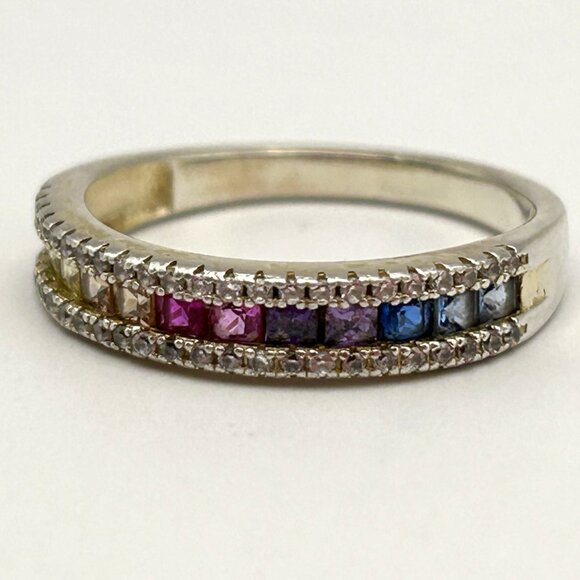 Sterling Silver Multi-Gem Eternity Band Ring Ruby Emerald Aqua Diamond Size 8.25 - Picture 4 of 9